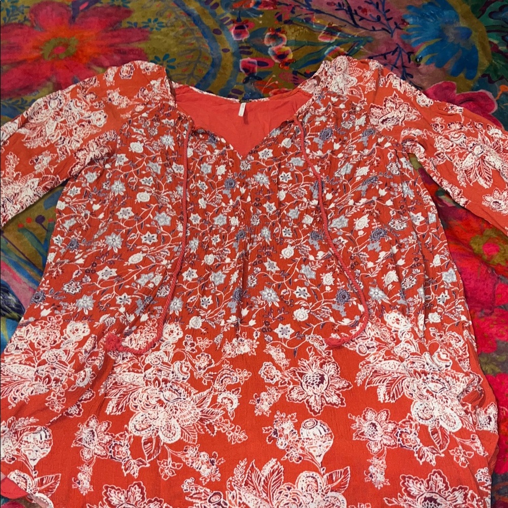 FREE PEOPLE Rayon Red and White Floral Mini Dress Size Small - Picture 10 of 10